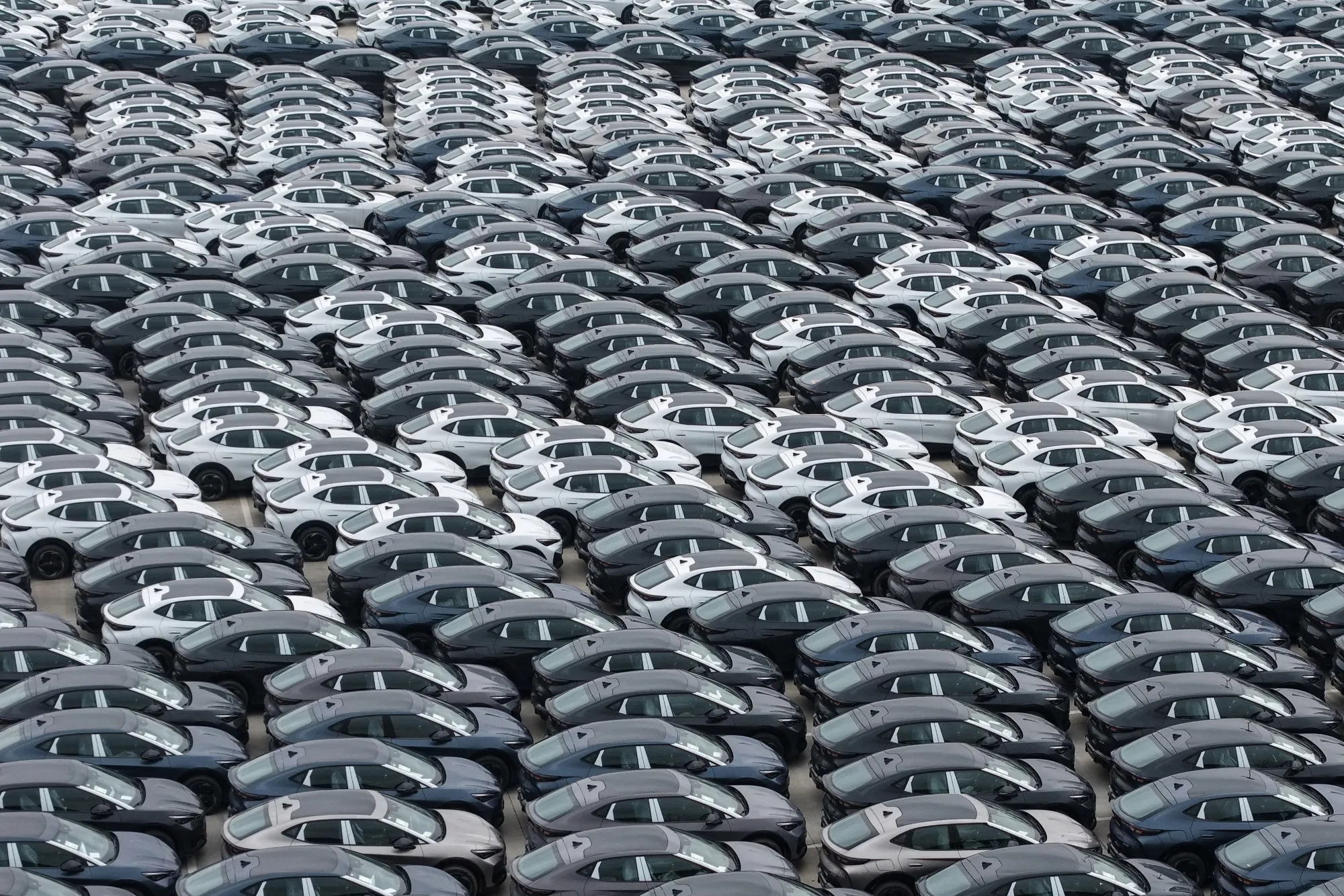 Chinese-made EV cars awaiting export in Hangzhou.