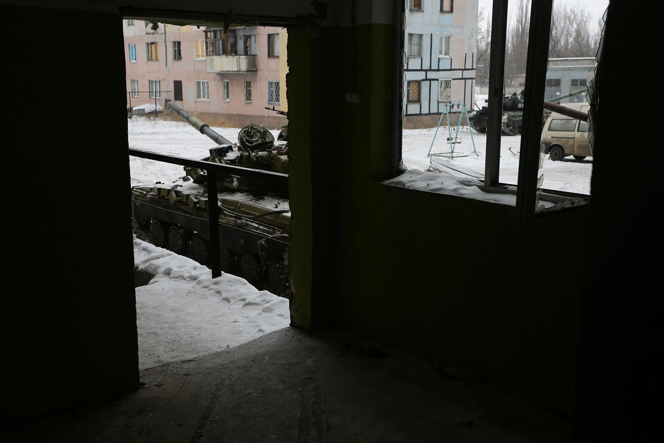 Ukrainian tanks stationed outside the flashpoint town of Avdiivka on Feb. 2.
