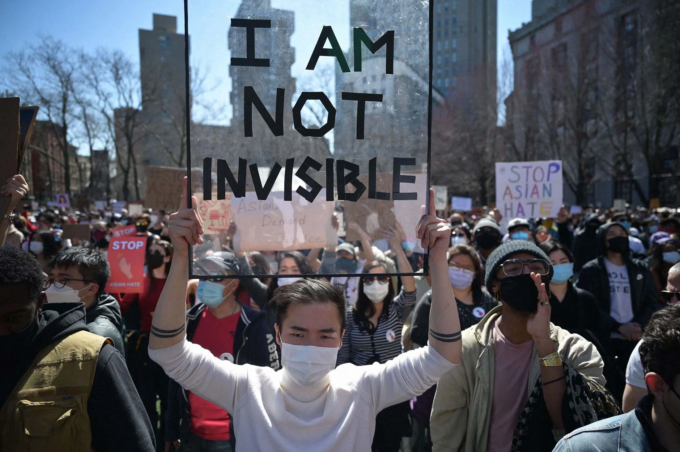 Members and supporters of the Asian American community attend a “rally against hate” at Columbus Park in New York on March 21.&nbsp;