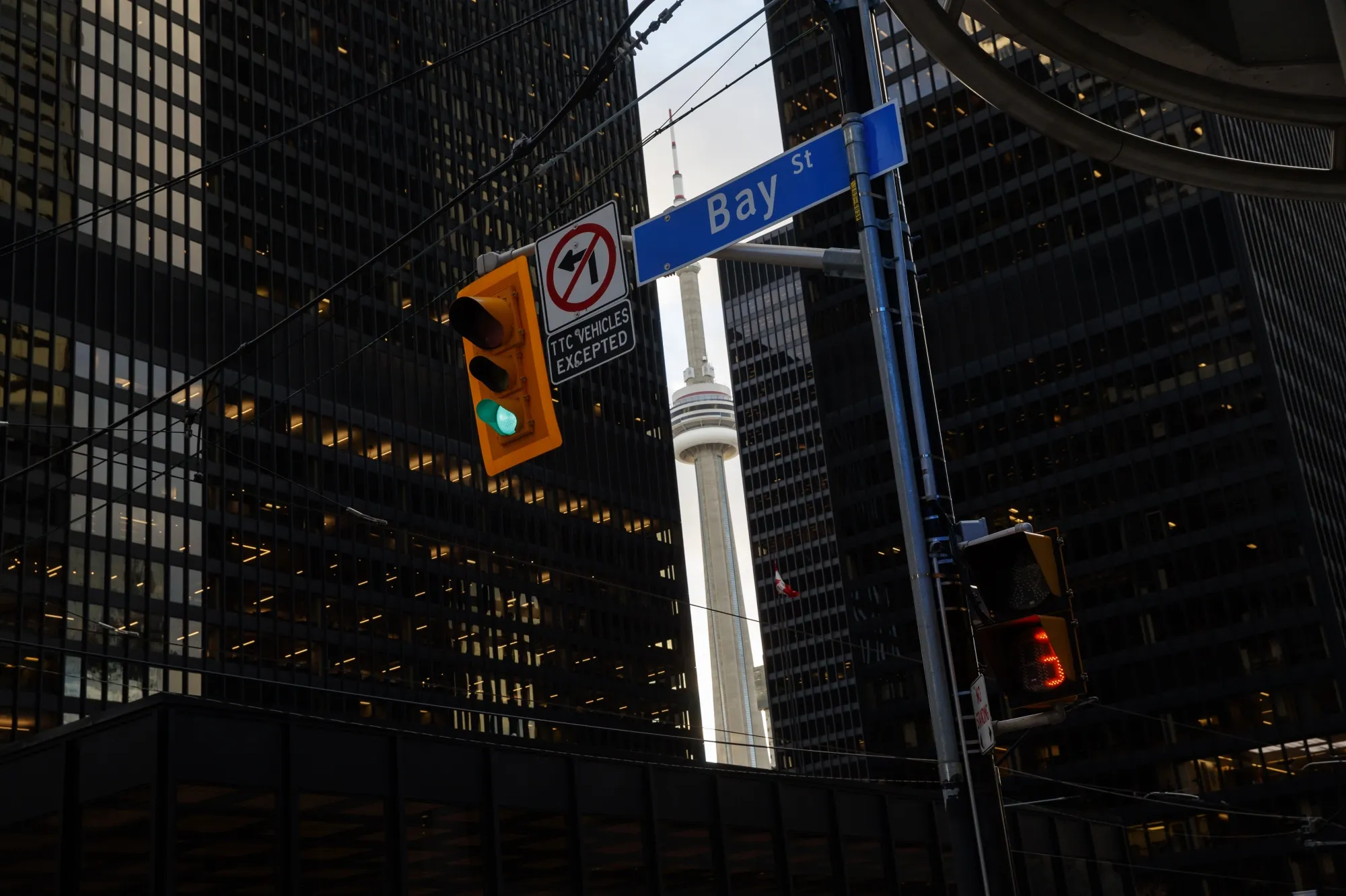 The CN Tower from Bay Street In the financial district in Toronto, Ontario, Canada, on Monday, Nov. 22, 2021.