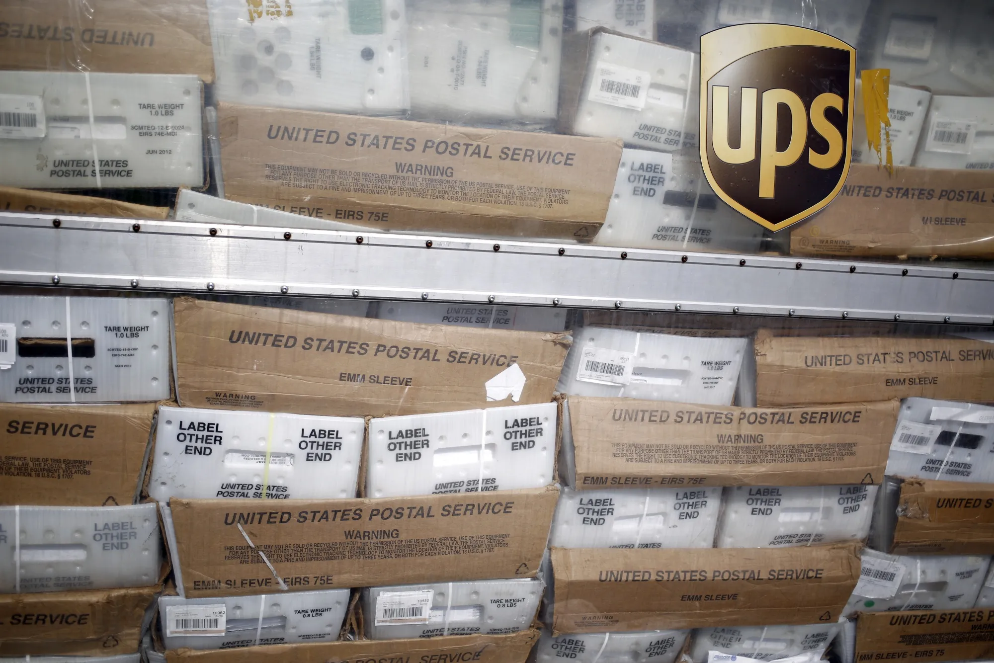 Parcels inside a shipping container at the UPS&nbsp;Worldport facility in Louisville, Kentucky.