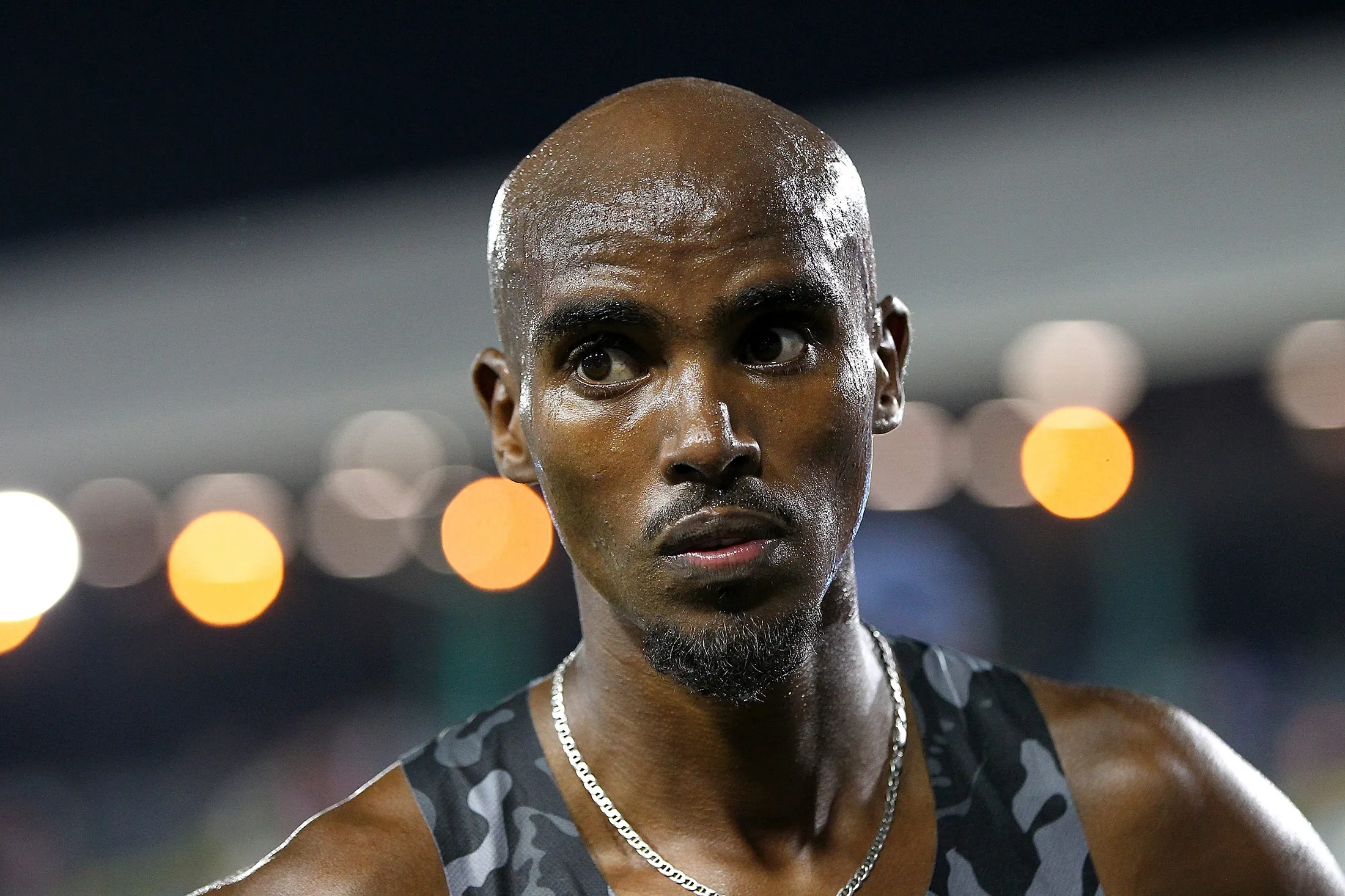 Mo Farah of Great Britain looks on after winning the 10,000m during Day 1 of the IAAF Diamond League Prefontaine Classic at Hayward Field in Eugene, Oregon.
