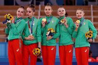 Gold medalists from Bulgaria pose on Aug. 8.