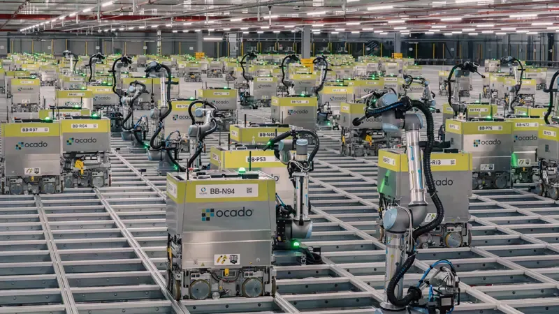 Ocado automated warehouse robots.