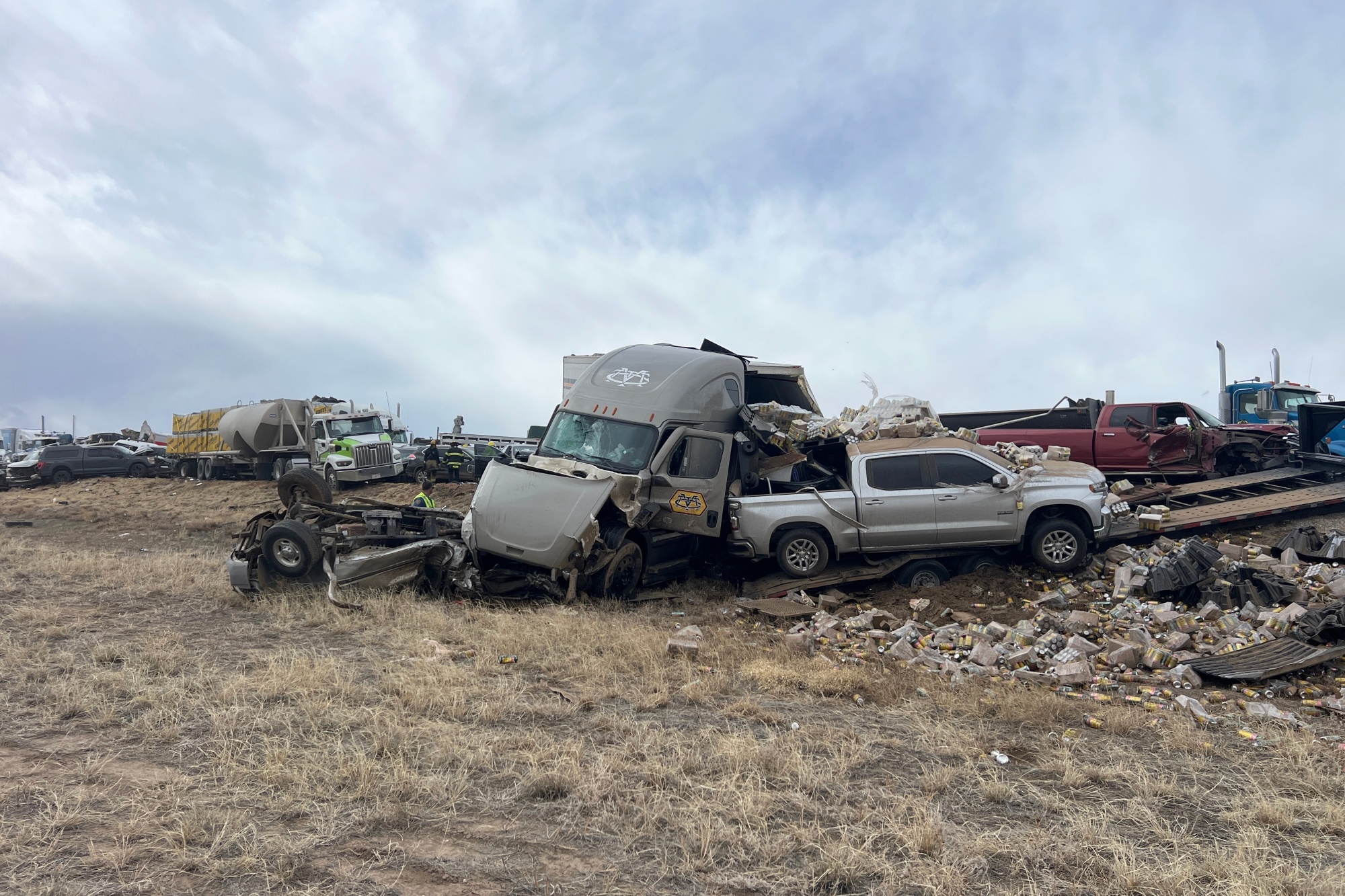This photo provided by Colorado State Patrol shows a multi-vehicle crash on Interstate 25 near Pueblo, Colorado, on Feb. 17.