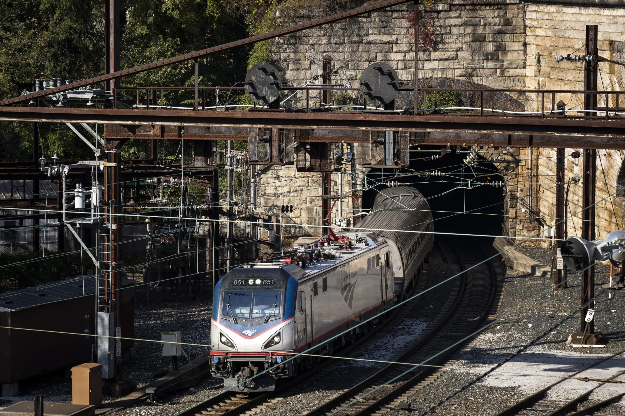 An Amtrak train exits the Baltimore and Potomac Tunnel.
