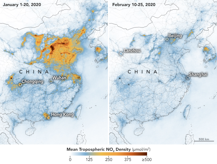 Nitrogen dioxide levels above China during Jan. and Feb., 2020.