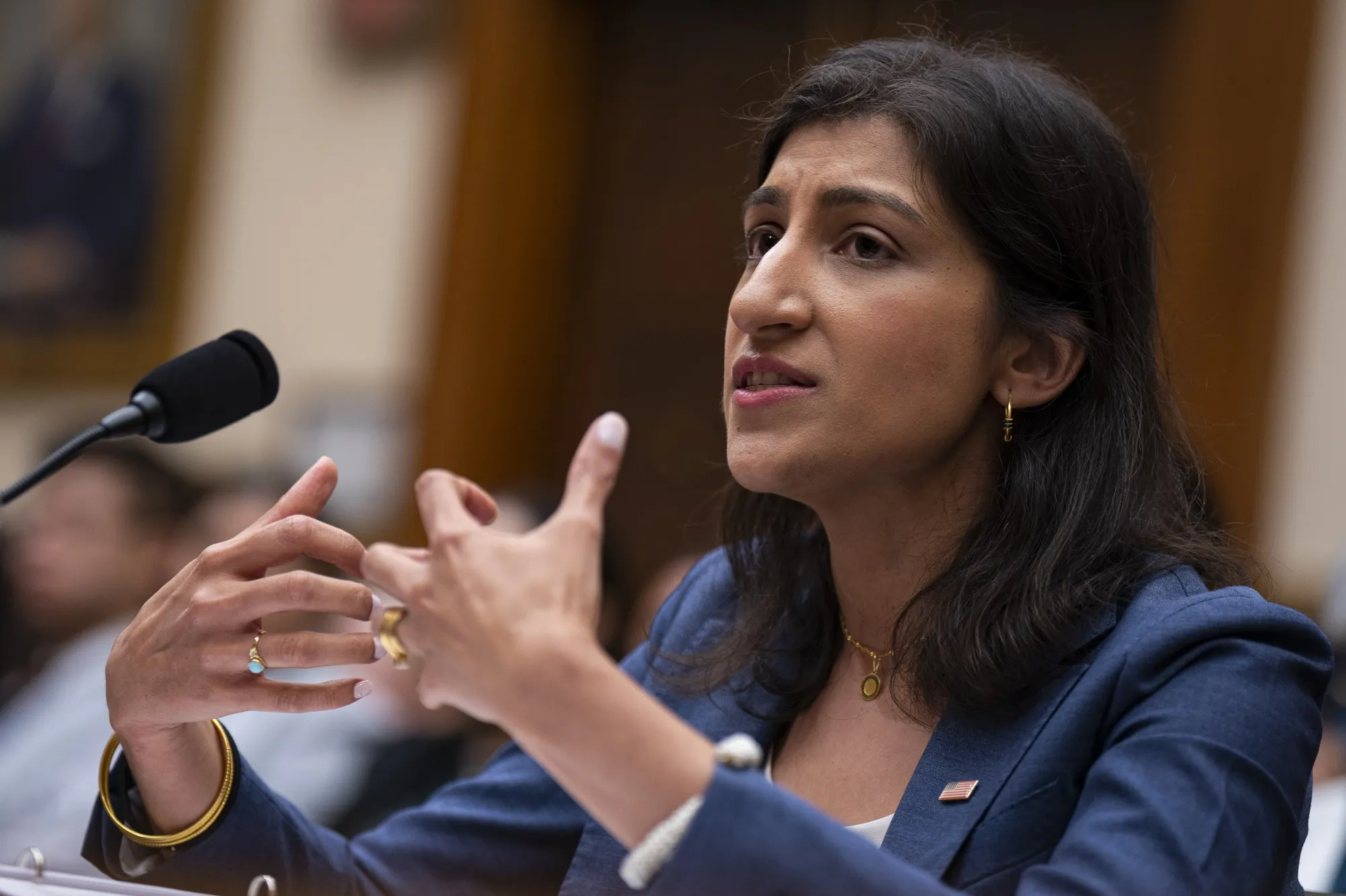 Lina Khan, chair of the Federal Trade Commission (FTC), speaks during a House Judiciary Committee hearing in Washington, DC, US, on Thursday, July 13, 2023. Khan has been an active opponent of consolidation.