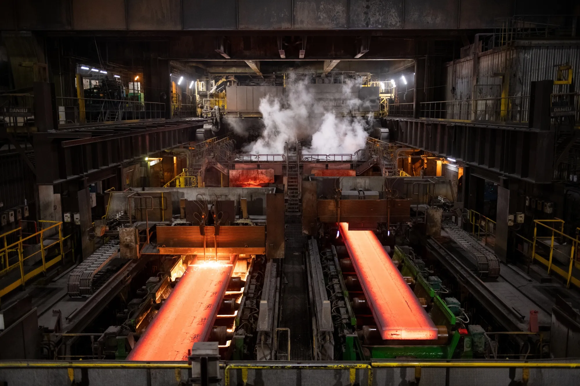 Steel slabs in the press shop at the Arcelor Mittal SA steelworks&nbsp;in Dunkirk, France.