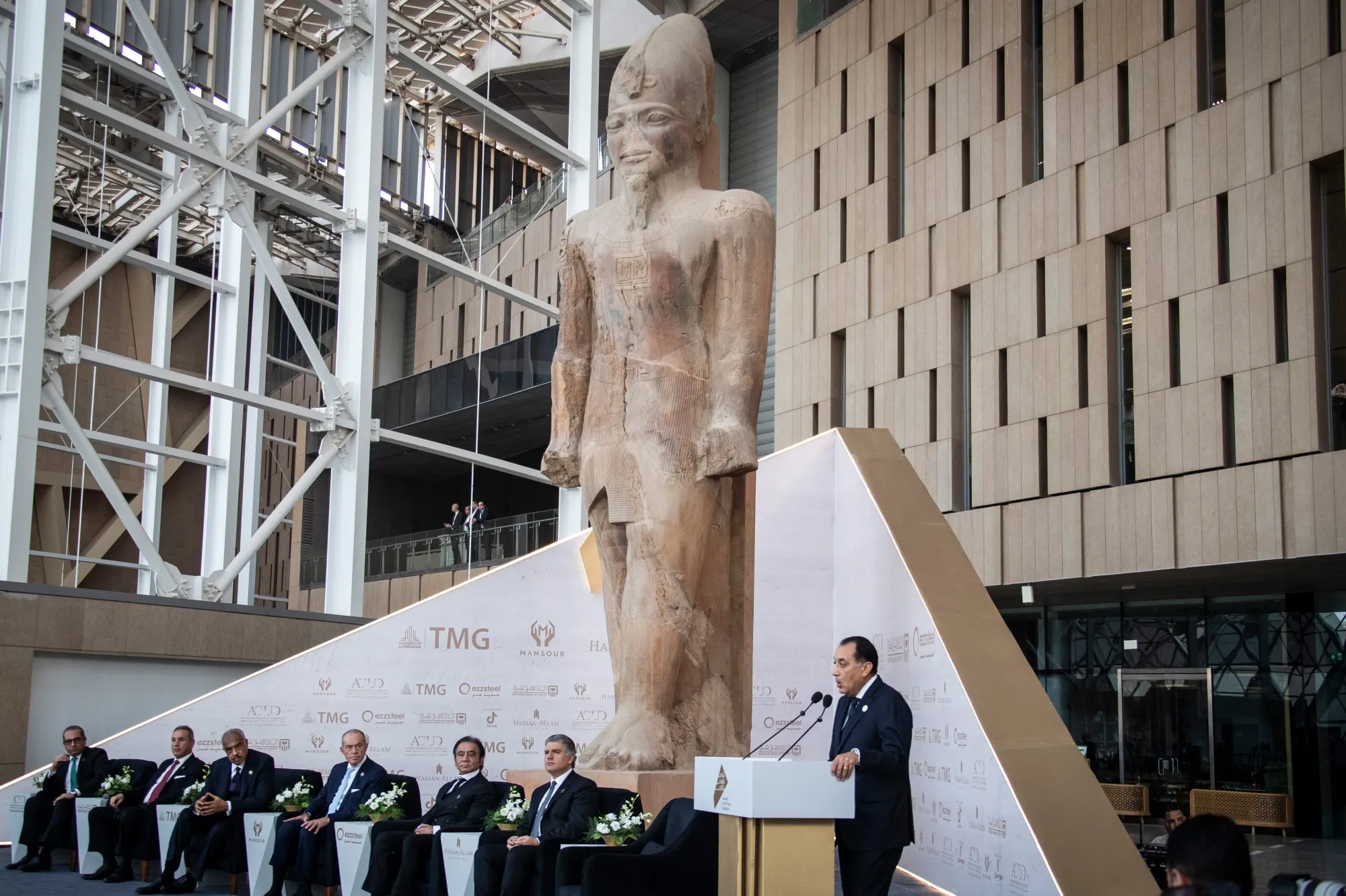 Egyptian Prime Minister Mostafa Madbouly delivers a statement at the Grand Egyptian Museum in Giza..&nbsp;