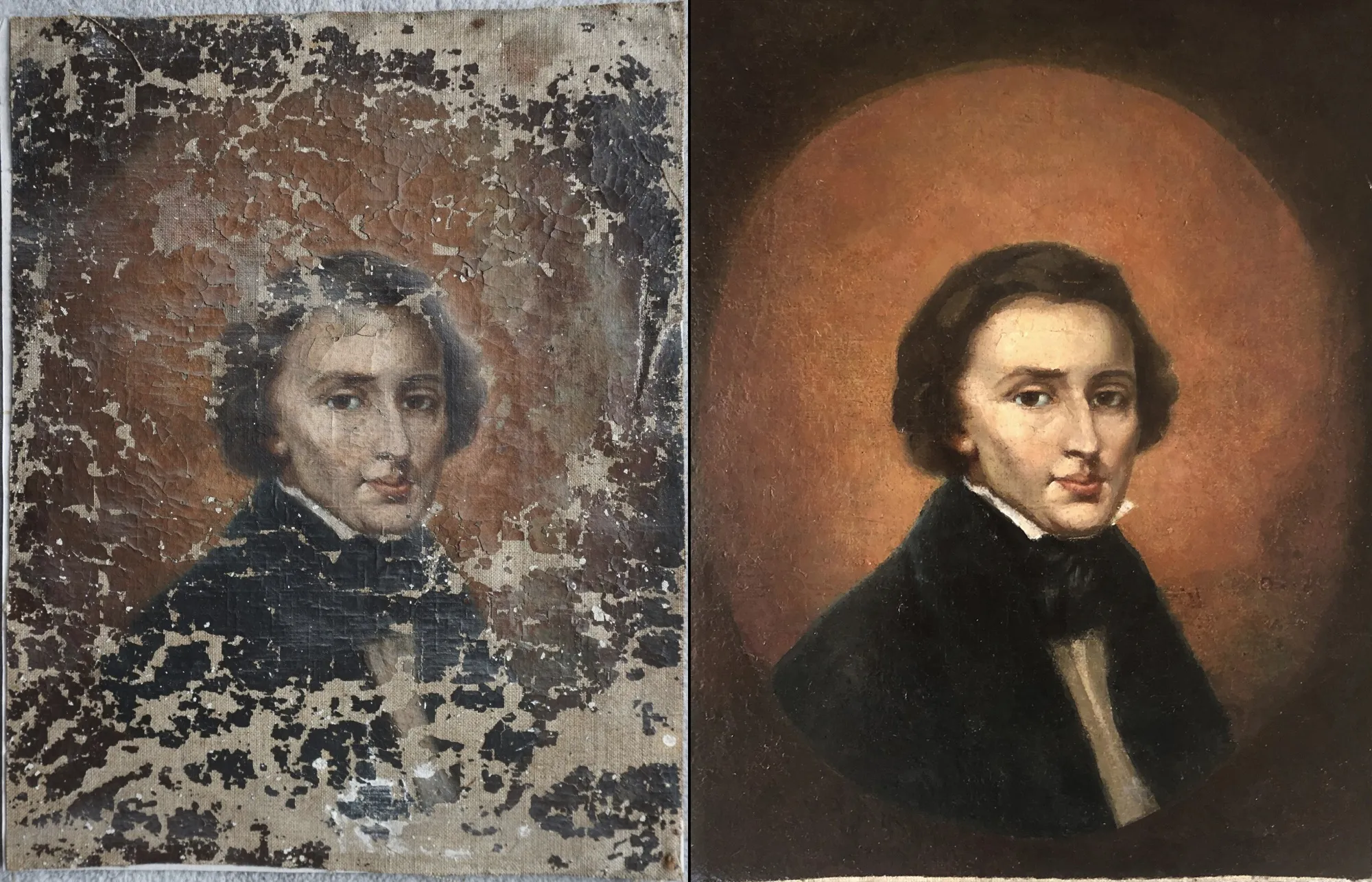 Portrait&nbsp;of&nbsp;Frederic Chopin before and after restoration.&nbsp;