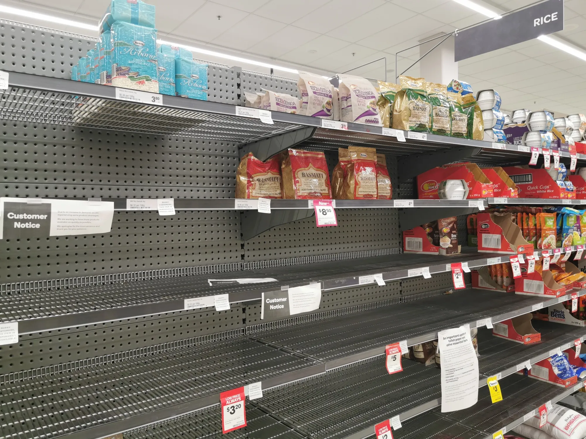 A view of empty rice shelves at a supermarket in Brisbane, March 2020.