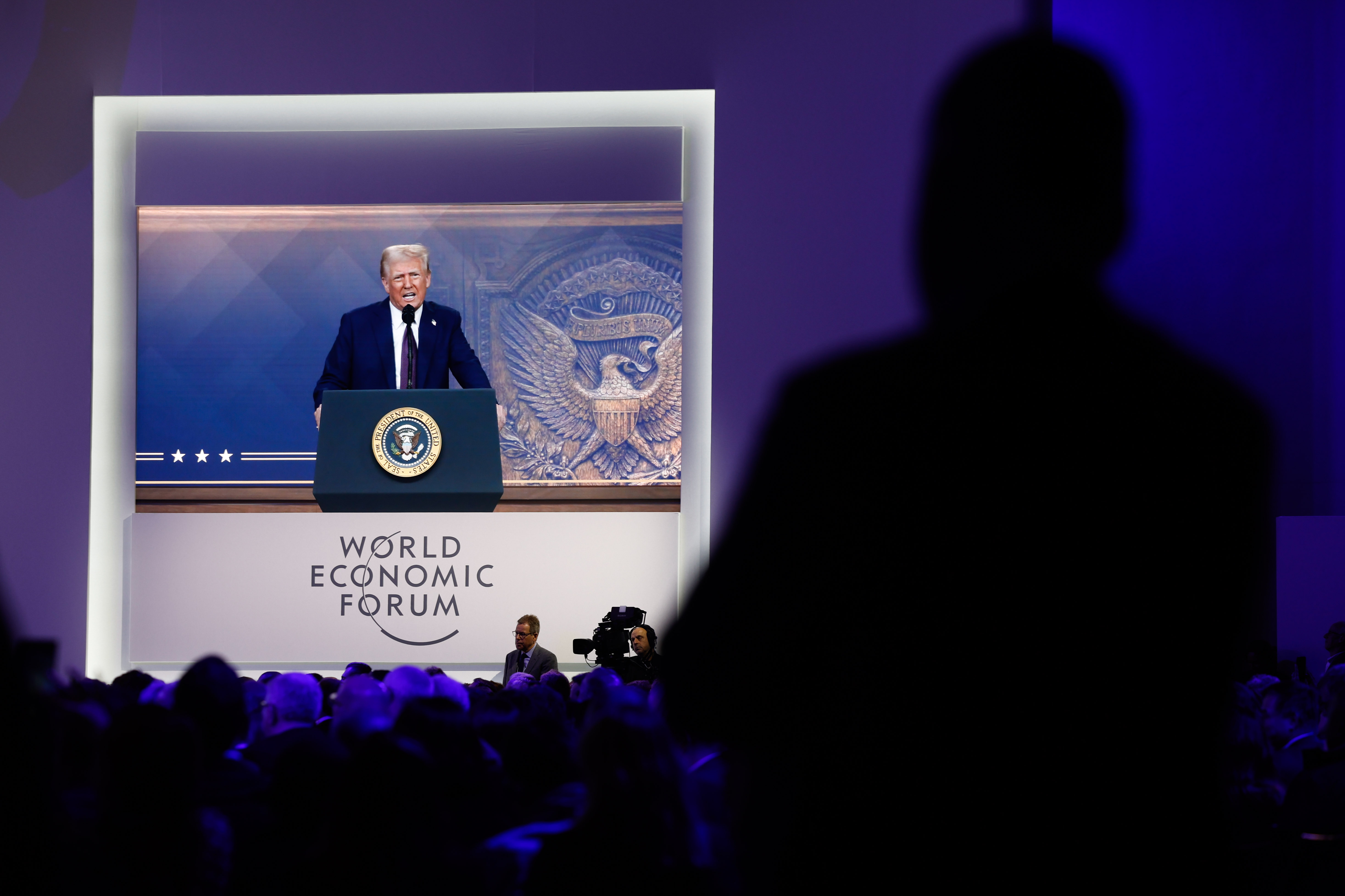 Donald Trump makes a virtual address to attendees at the World Economic Forum in Davos, Switzerland, on Jan. 23.