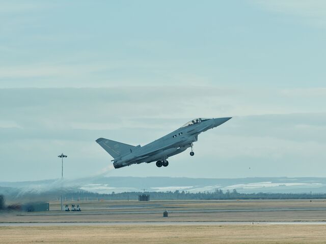 A Typhoon fighter jet takes off from Lossiemouth with an ear-splitting roar. 