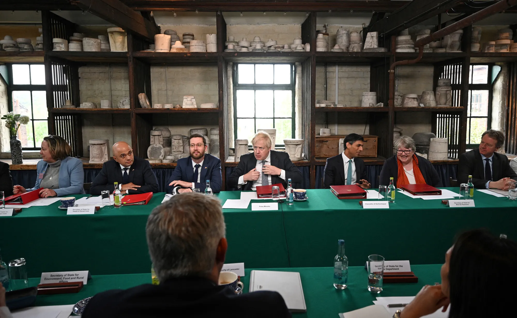 Boris Johnson, center, chairs a Cabinet meeting in Stoke-on-Trent, UK, on May 12.