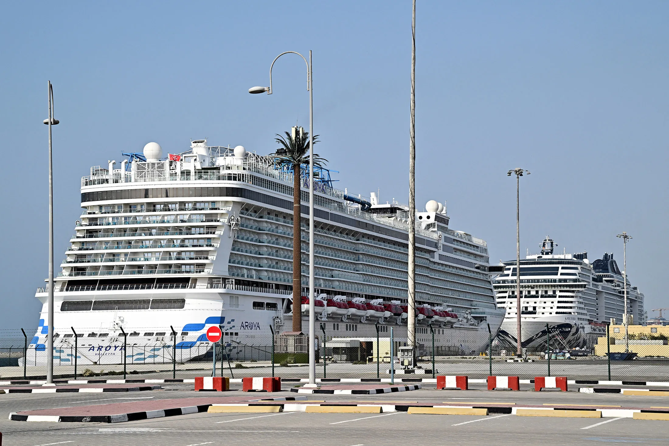 The cruise ships Aroya Manara and MSC Euribia anchored at the port of Dubai on March 4.