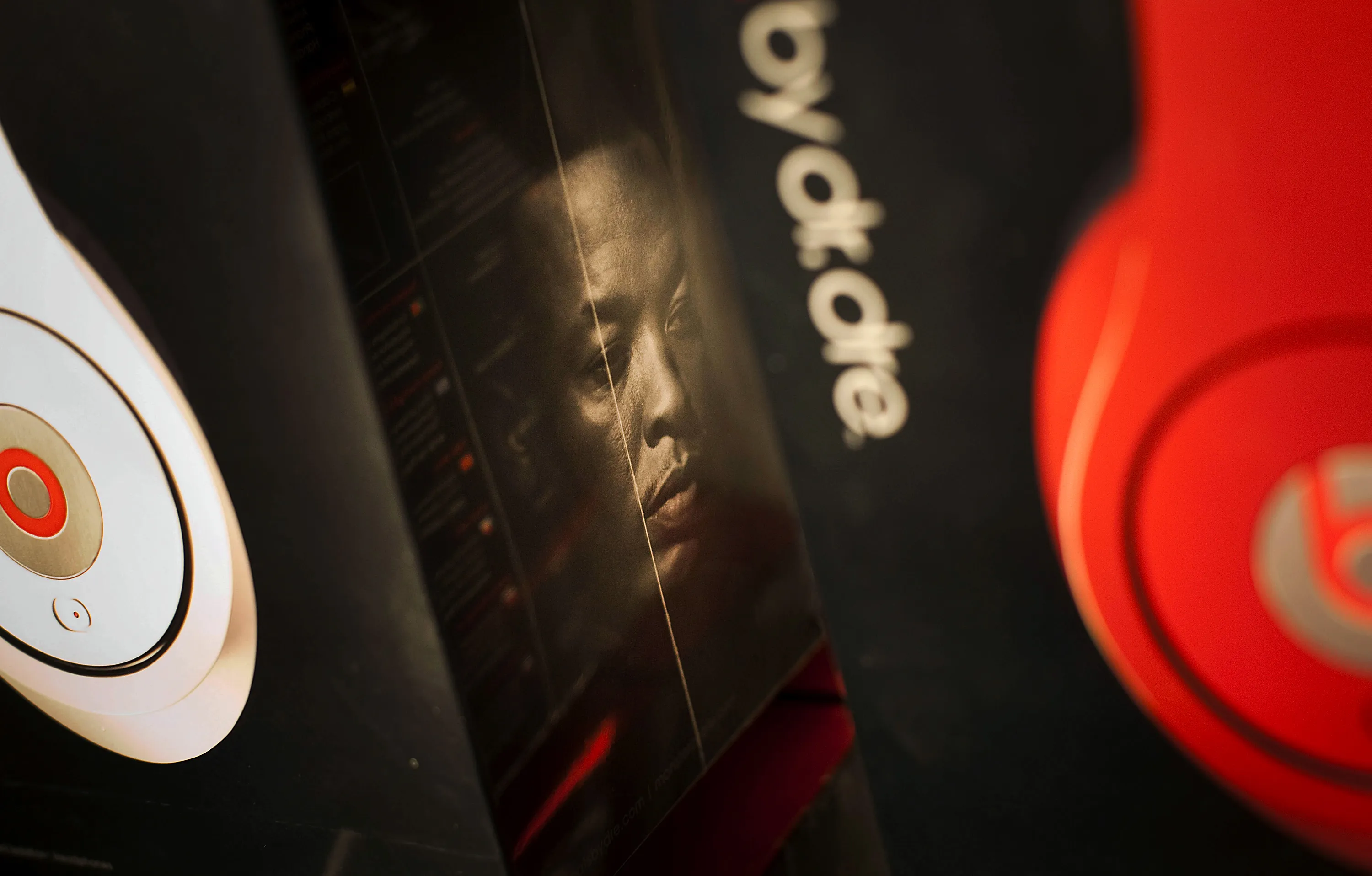 A photograph of Dr. Dre is printed on a headphones box at the Beats by Dr. Dre pop-up store in New York. Photograph by Michael Nagle/Bloomberg