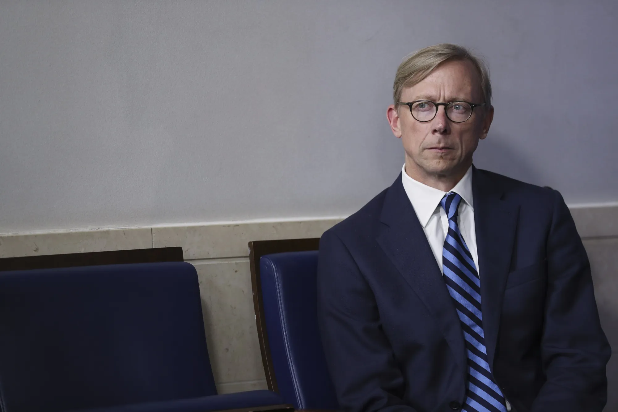 Brian Hook listens&nbsp;during a news conference in the James S. Brady Press Briefing Room at the White House in Washington, D.C., U.S., on&nbsp;Aug. 13.