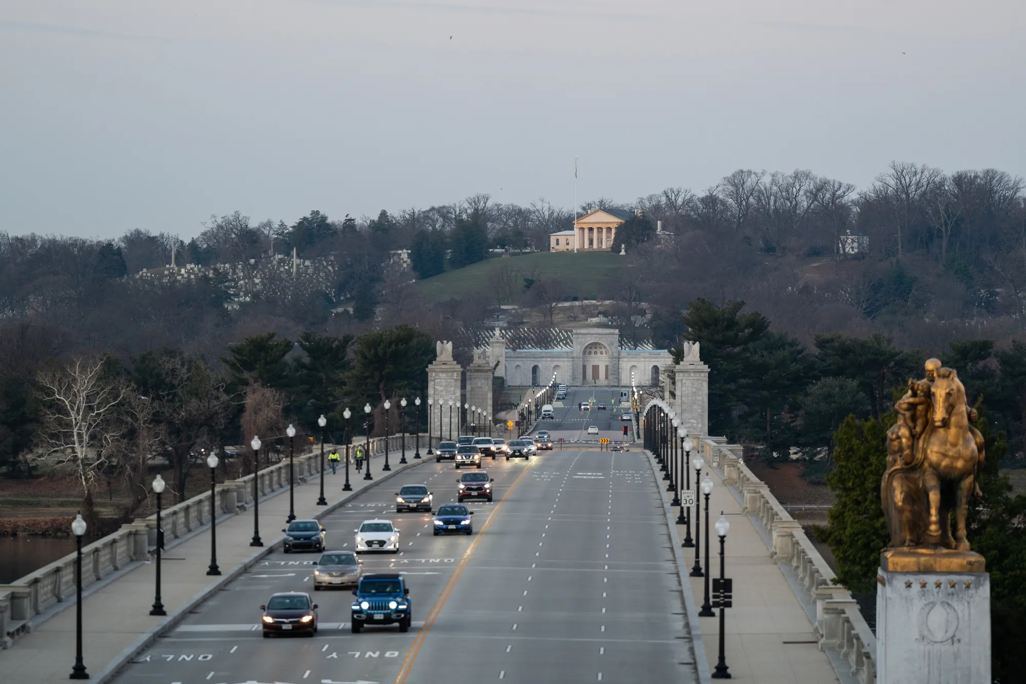 Commuters drive along the Arlington Memorial Bridge in Washington, D.C., U.S., on Tuesday night ahead of&nbsp;&nbsp;President Biden’s&nbsp;first State of the Union speech.