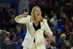 Maryland head coach Brenda Frese reacts during the second half of a college basketball game against Florida Gulf Coast in the second round of the NCAA tournament, Sunday, March 20, 2022, in College Park, Md. Maryland won 89-65. (AP Photo/Julio Cortez)