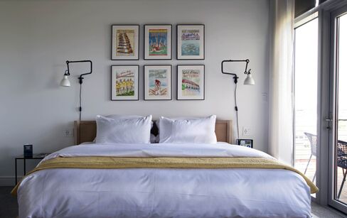 A sleek guest room at 250 Main, in Rockland.