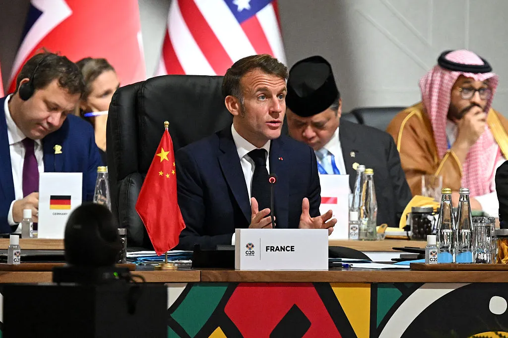 Macron speaks during the opening plenary session at the G-20 summit in South Africa.