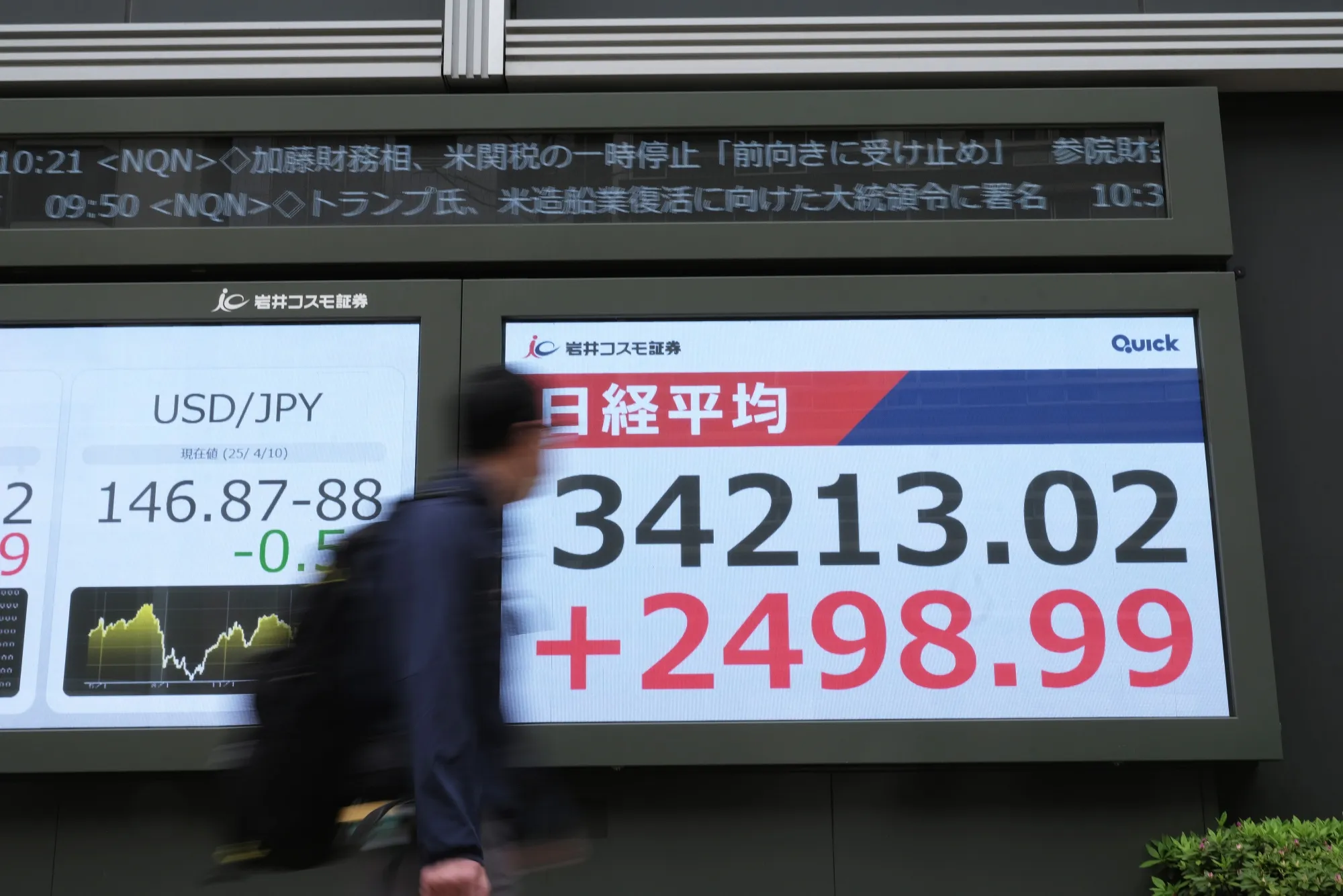 The rate of the yen against the US dollar and the Nikkei 225 Stock Average displayed outside a securities firm in Tokyo on April 10.
