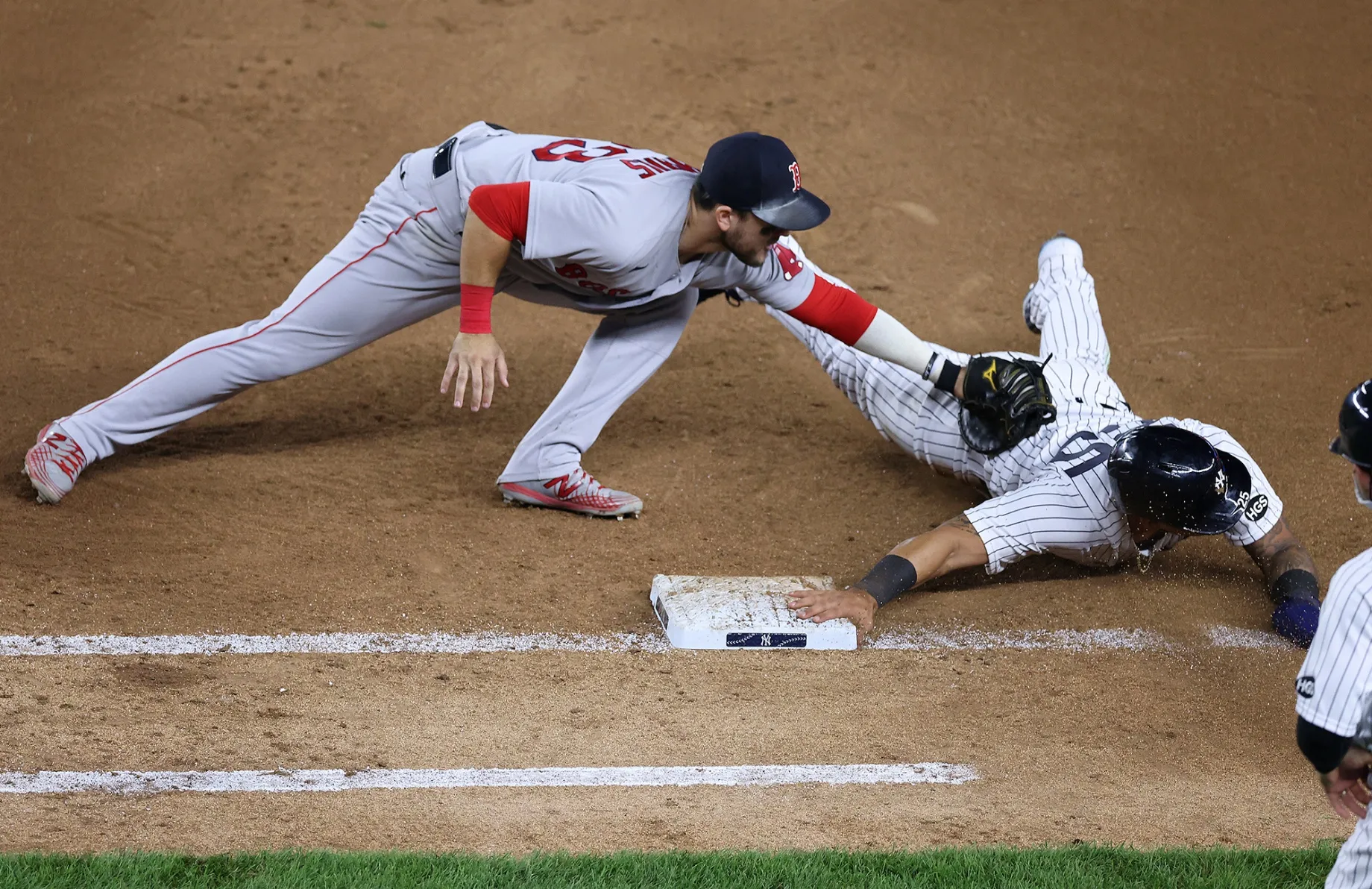 Michael Chavis of the Red Sox and Gleyber Torres of the Yankees in the seventh inning during a game at Yankee Stadium in 2020.
