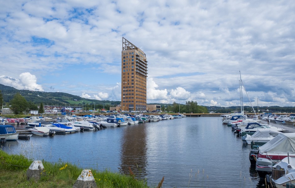 Mjøstårnet, the 18-story mass-timber building under construction in the small town of Brumunddal, Norway.