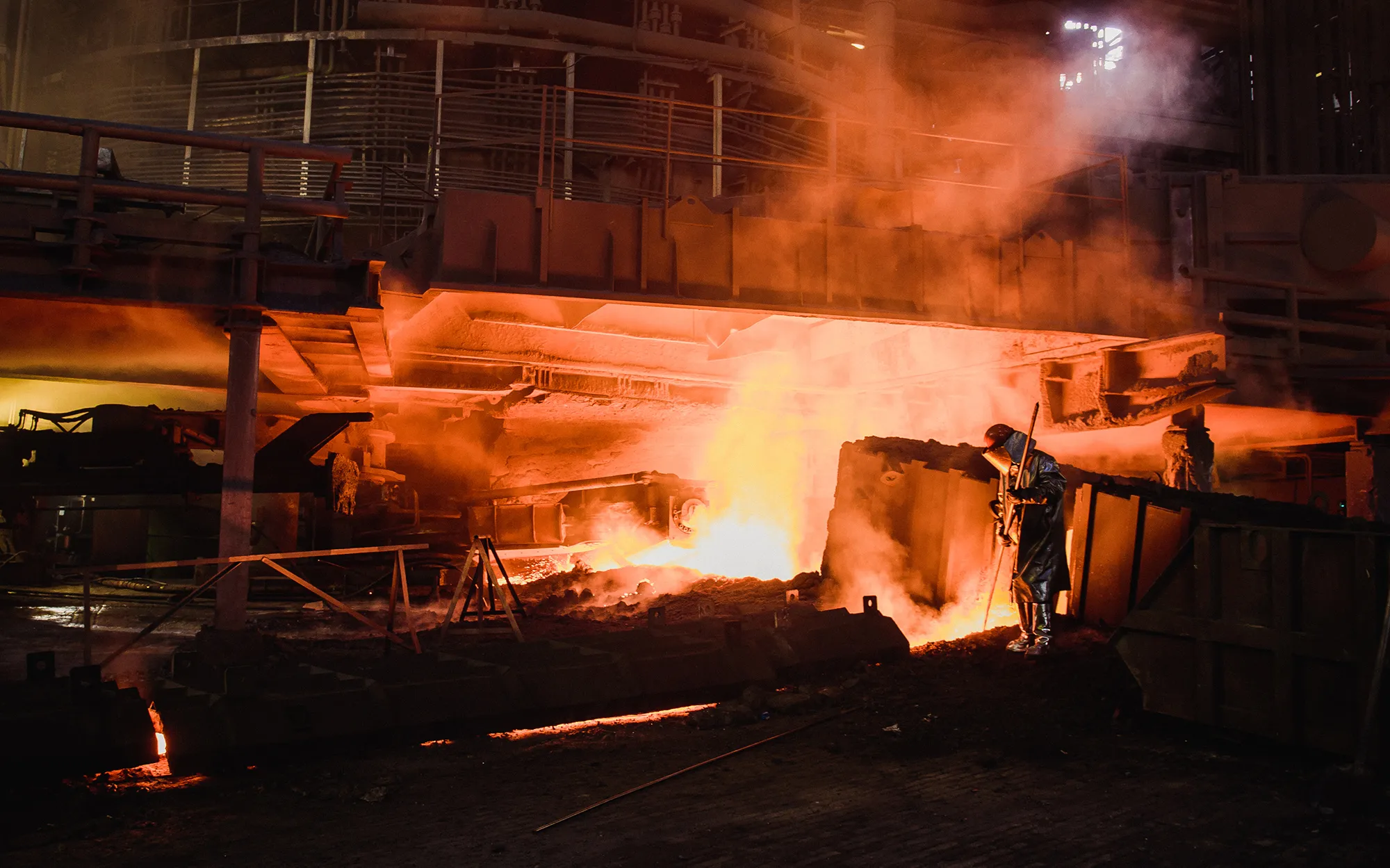 A worker&nbsp;monitors the blast furnace at a steel plant in Galati, Romania.