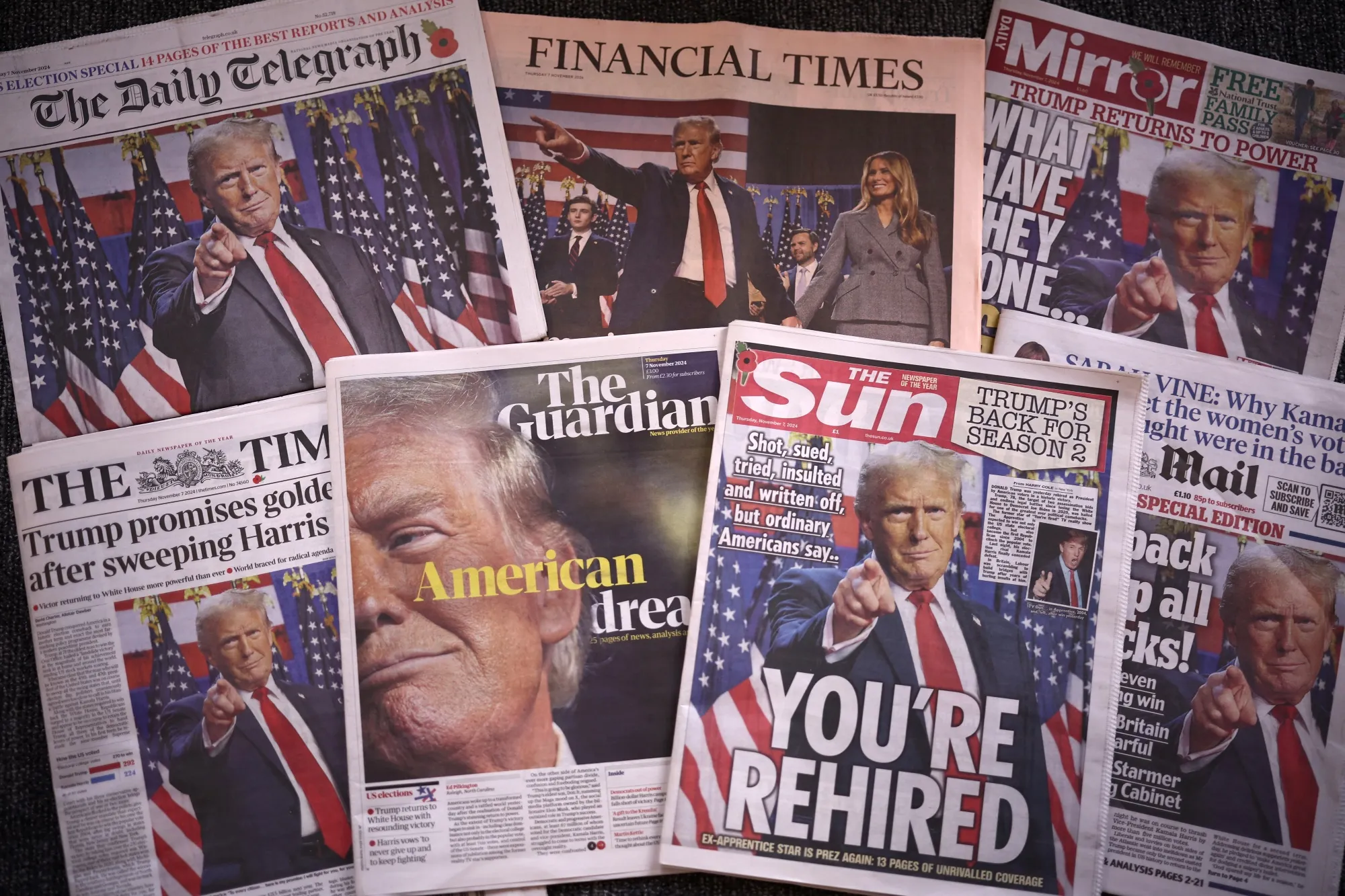 The front pages of some of Britain’s national newspapers after President-elect Donald Trump won the November election.&nbsp;