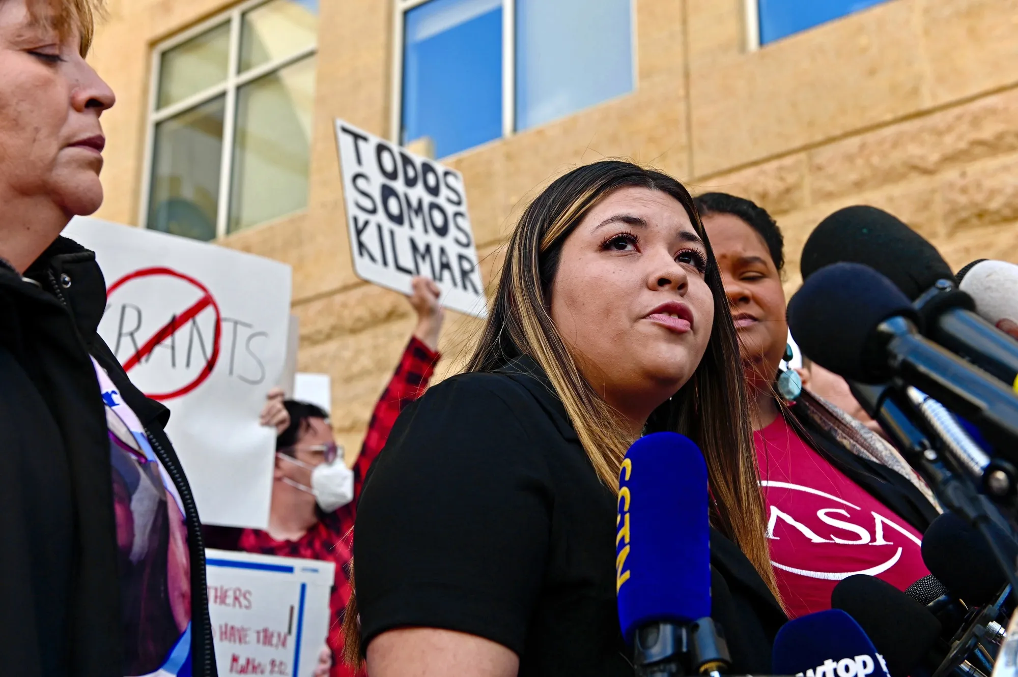 Jennifer Vasquez Sura, wife of Kilmar Abrego Garcia, speaks about her husband in front of the Federal Court in Maryland on April 15.