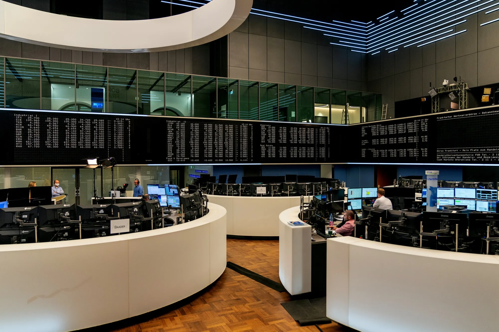 Traders work in the Frankfurt Stock Exchange in Frankfurt, Germany.