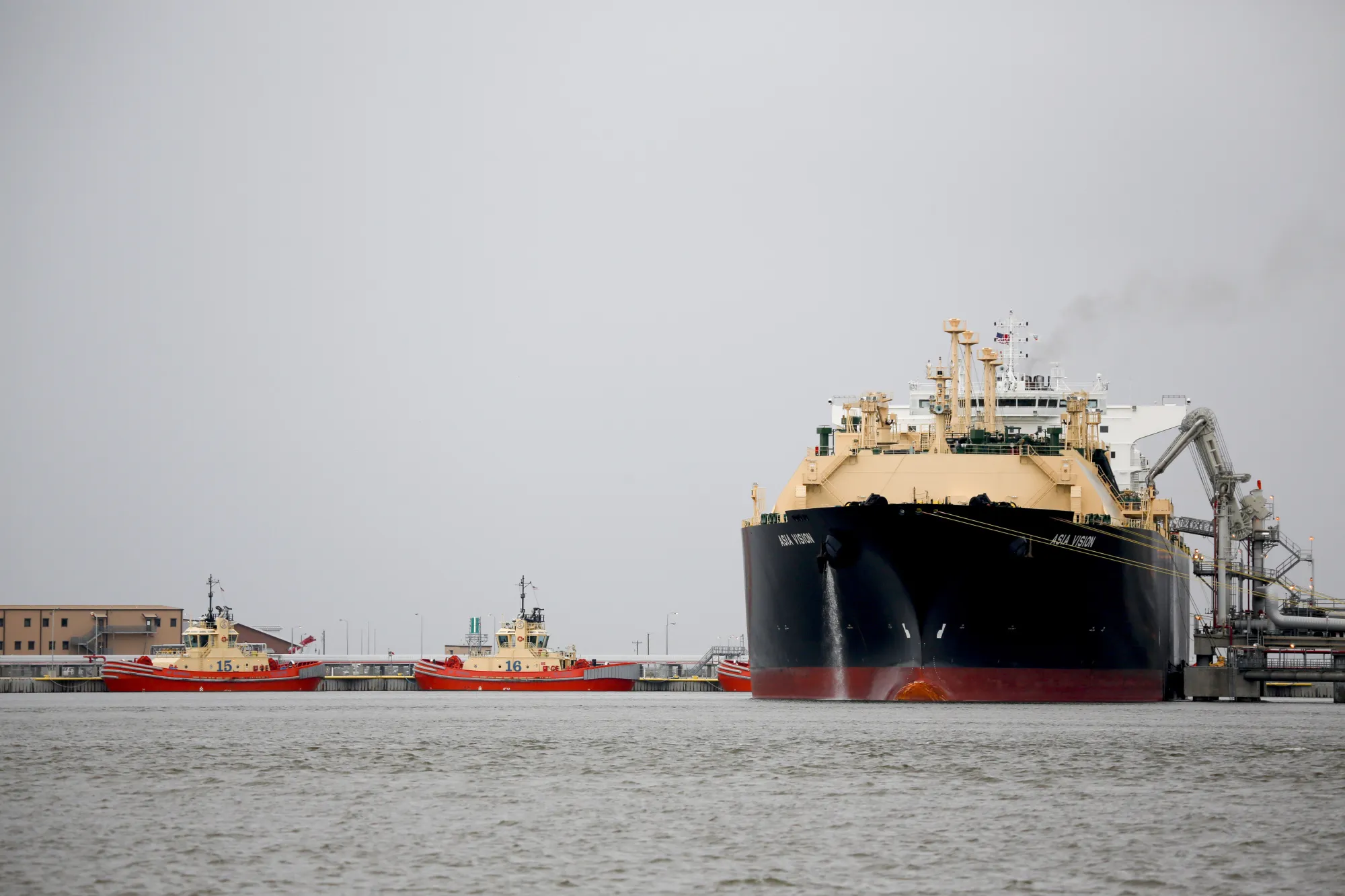 A liquefied natural gas&nbsp;carrier ship is&nbsp;docked at a terminal in Sabine Pass, Texas.