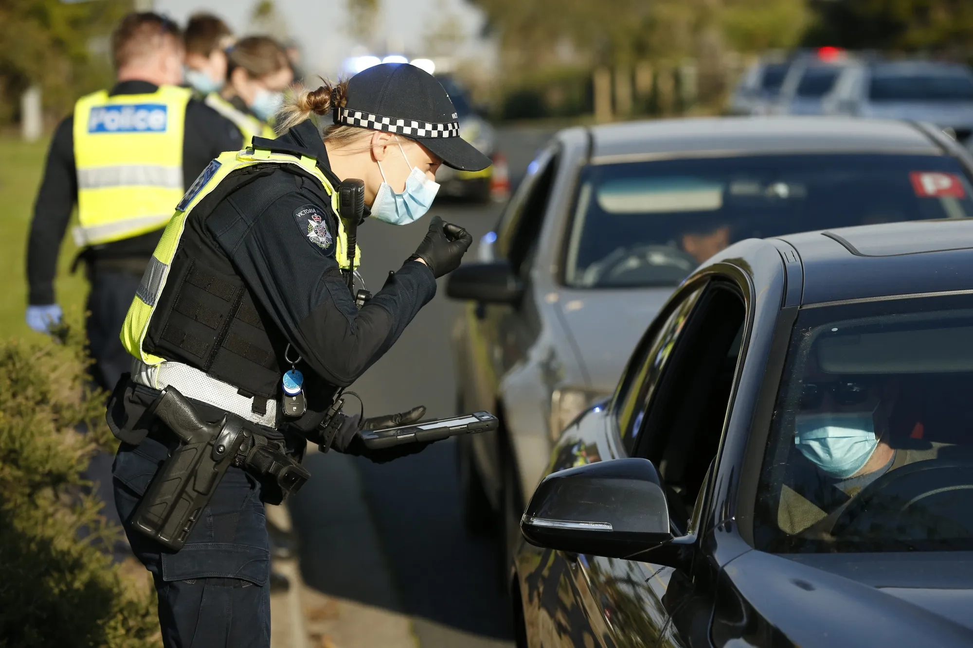 Police perform random checks at Marine Parade in St. Kilda, Melbourne on July 25.