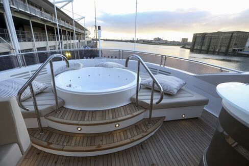 A Jacuzzi sits on the upper deck of a Sunseeker 131 yacht that was on display at the 2016 London Boat Show.