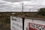 Signage displayed in front of a horizontal drilling rig on federal land in Lea County, New Mexico, in 2020.&nbsp;