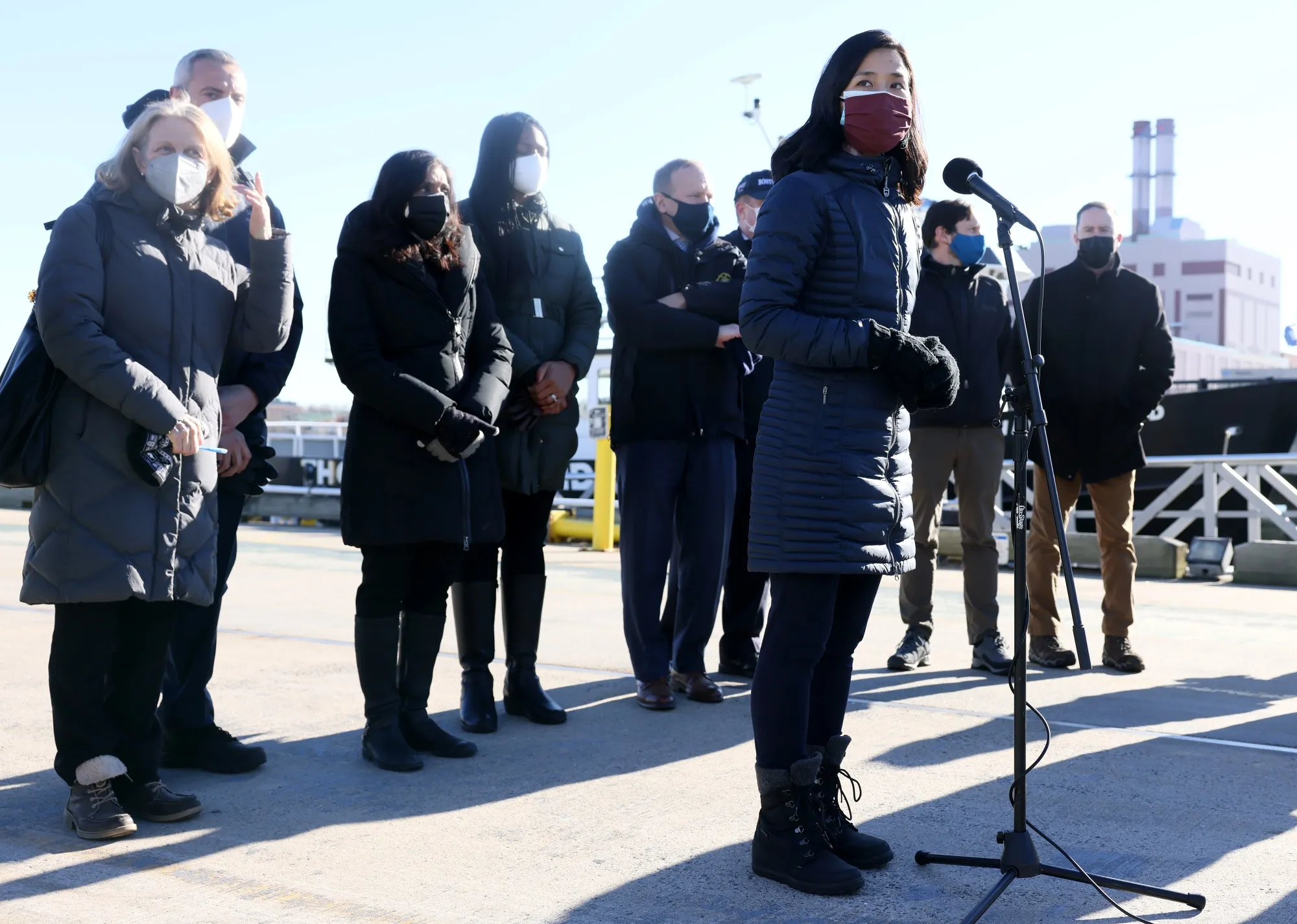 Boston Mayor Michelle Wu speaks to reporters about her visit to Long Island in Boston on Jan. 4, 2022.&nbsp;