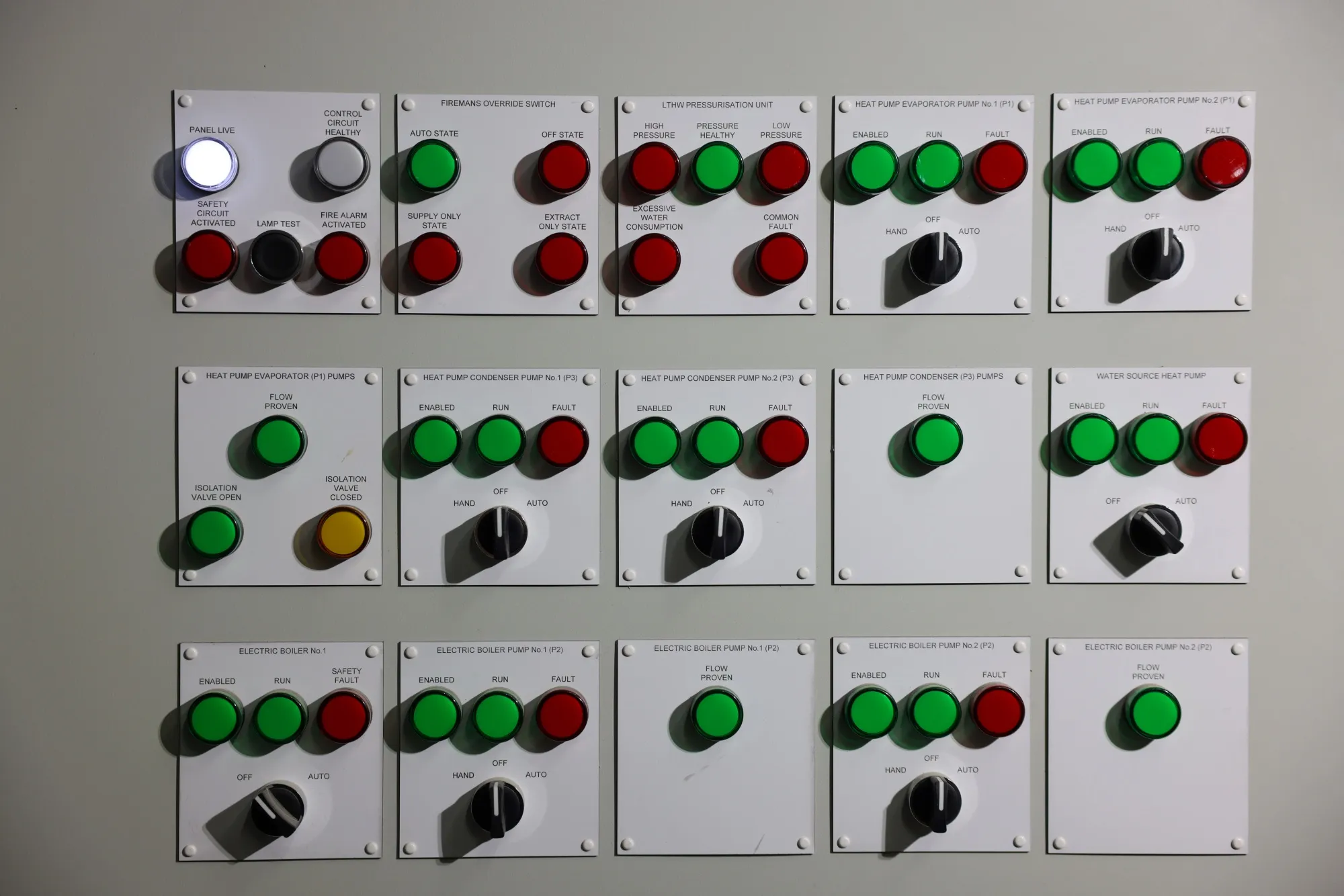 A panel of switches for the heat pumps and boilers at the new cruise terminal extension at Portsmouth International Port in Portsmouth, UK.