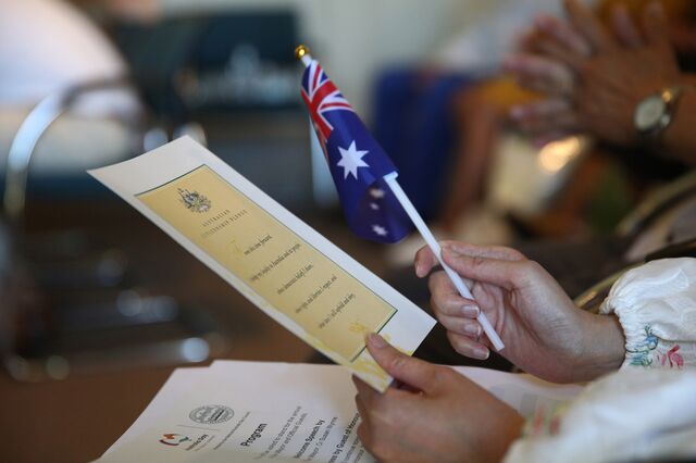 A Citizenship Pledge is seen during an Australia Day Citizenship event at Woollahra Council Chambers on January 26, 2021 in Sydney, Australia. Australia Day, formerly known as Foundation Day, is the official national day of Australia and is celebrated annually on January 26 to commemorate the arrival of the First Fleet to Sydney in 1788. Indigenous Australians refer to the day as 'Invasion Day' and there is growing support to change the date to one which can be celebrated by all Australians. (Photo by Don Arnold/Getty Images) Photographer: Don Arnold