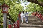 Visitors dressed in yukata robes at the Dazaifu Tenmangu shrine in Dazaifu, Fukuoka, Japan, on Saturday, May 28, 2022. 