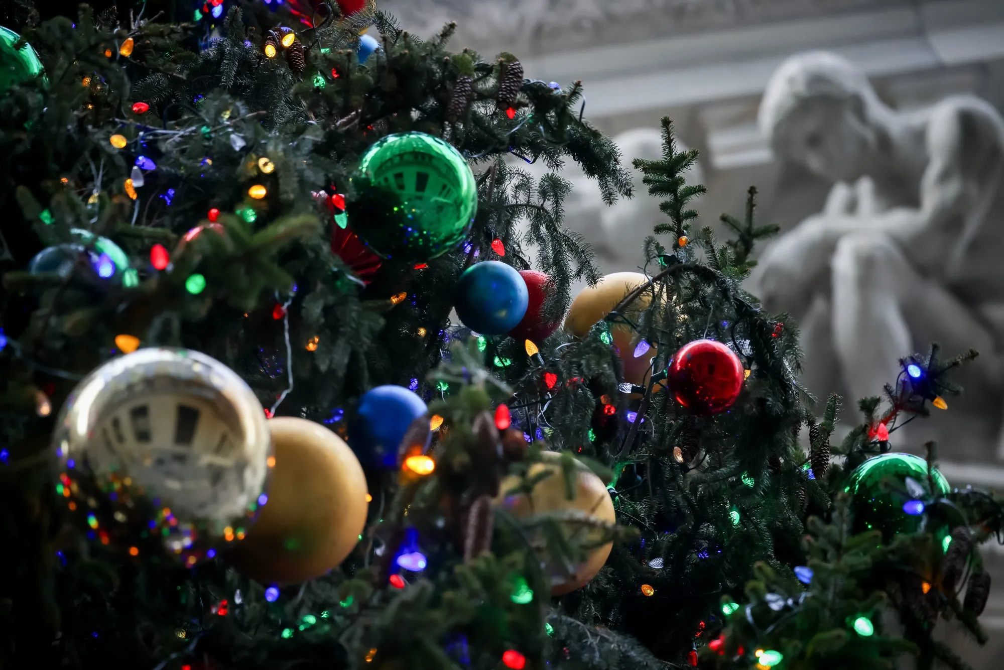 A Christmas tree outside the New York Stock Exchange (NYSE) in New York, US, on Monday, Dec. 8, 2025.