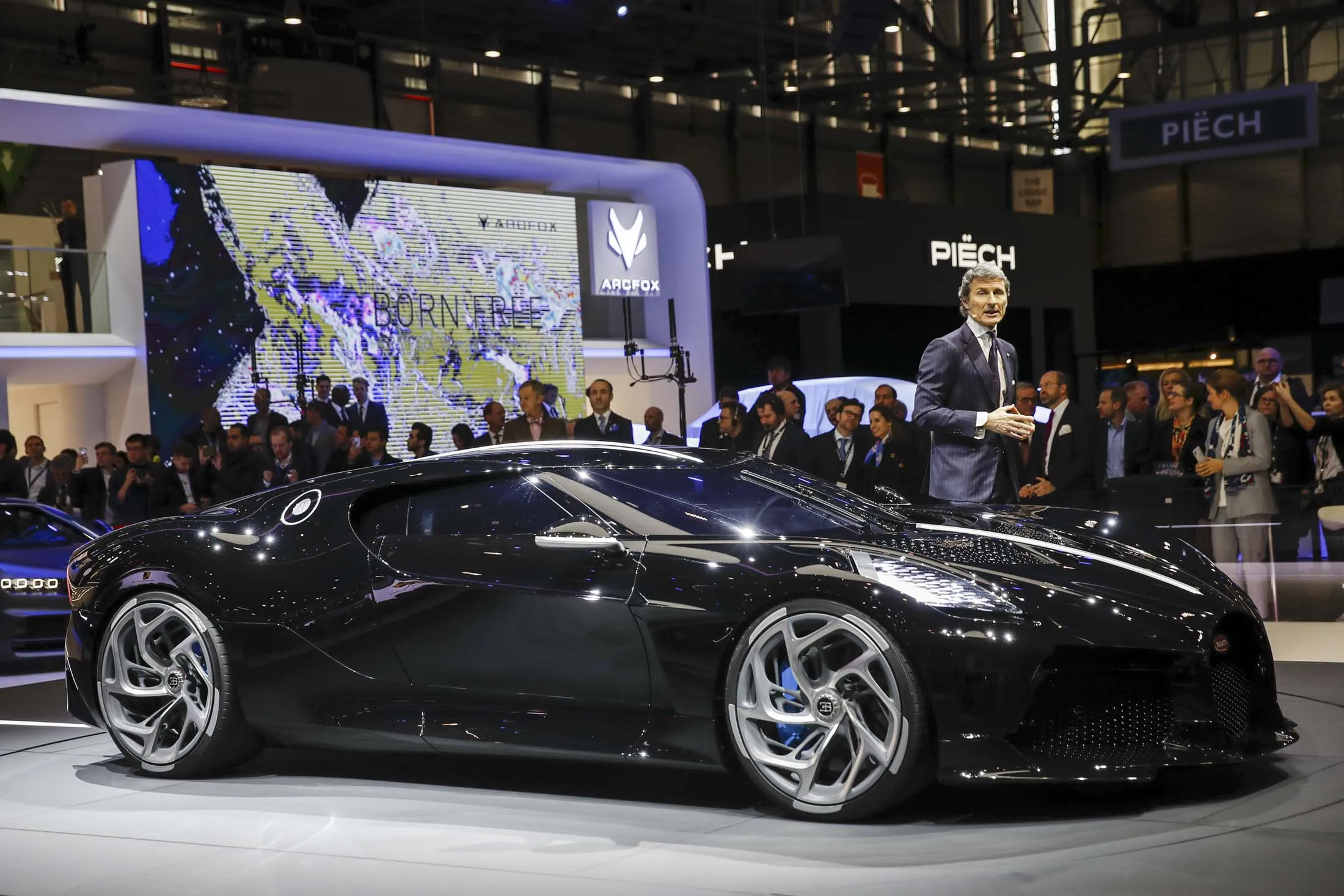 Stephan Winkelmann, president of Bugatti Automobiles SAS, introduces the Bugatti La Voiture Noire on the opening day of the 89th Geneva International Motor Show.