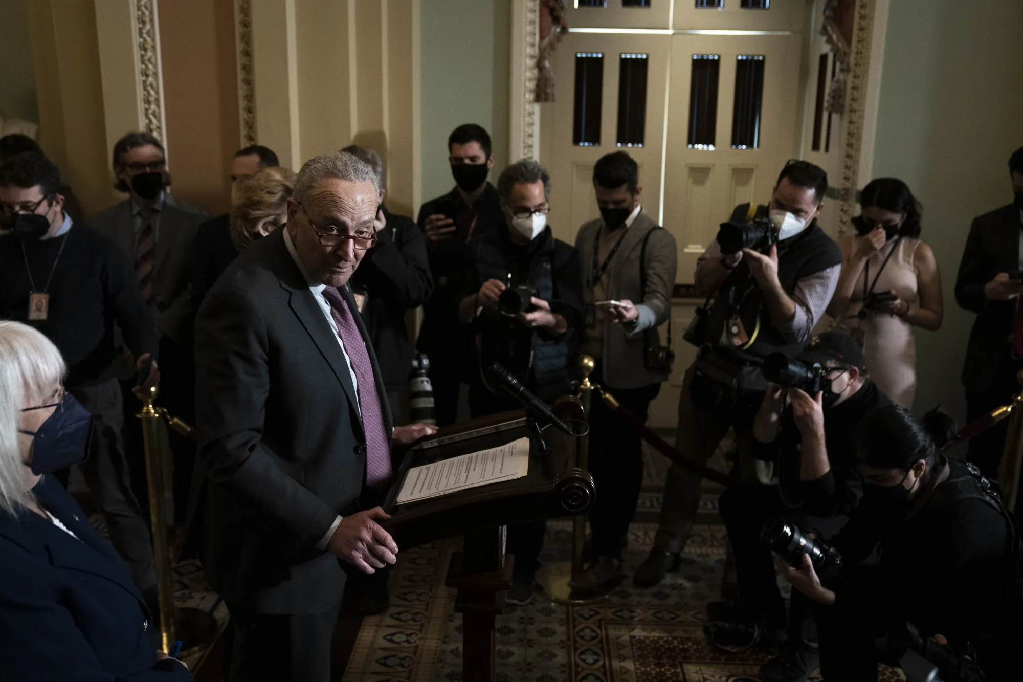 Senate Majority Leader Chuck Schumer at the U.S. Capitol on Feb. 15, 2022.&nbsp;