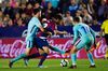 VALENCIA, SPAIN - MAY 13: Coke of Levante UD conducts the ball under pressure from Sergio Busquets and Philippe Coutinho of FC Barcelona during the La Liga match between Levante UD and FC Barcelona at Estadi Ciutat de Valencia on May 13, 2018 in Valencia, Spain. (Photo by Alex Caparros/Getty Images)