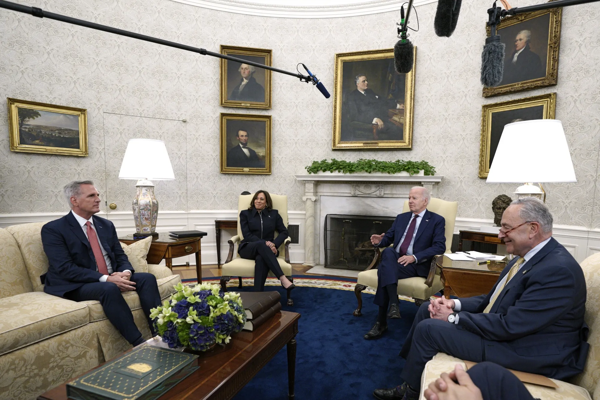 US House Speaker Kevin McCarthy, US Vice President Kamala Harris, US President Joe Biden, and Senate Majority Leader Chuck Schumer on Tuesday, May 16, 2023.&nbsp;