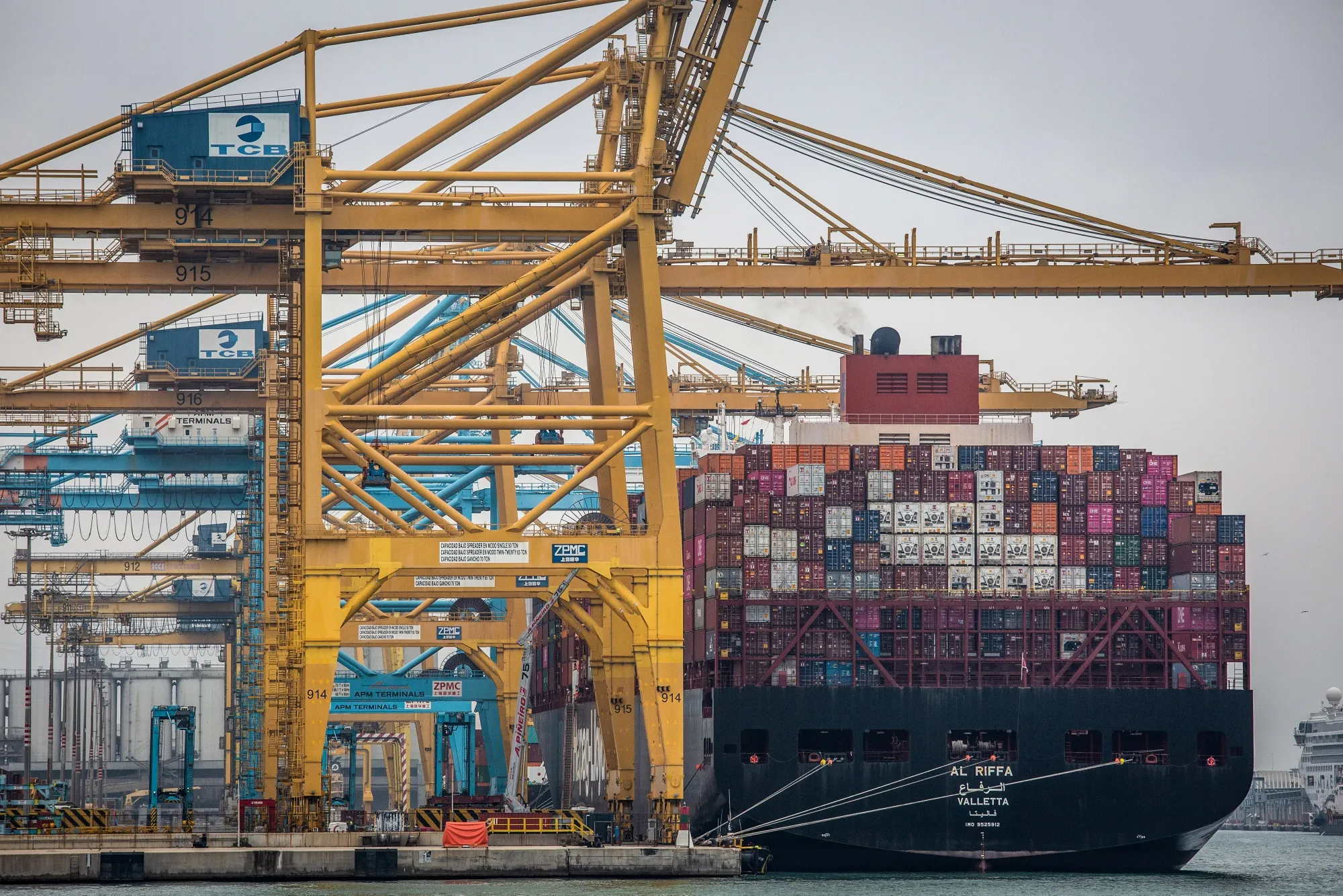 A container ship docked at the Port of Barcelona in Barcelona, Spain.