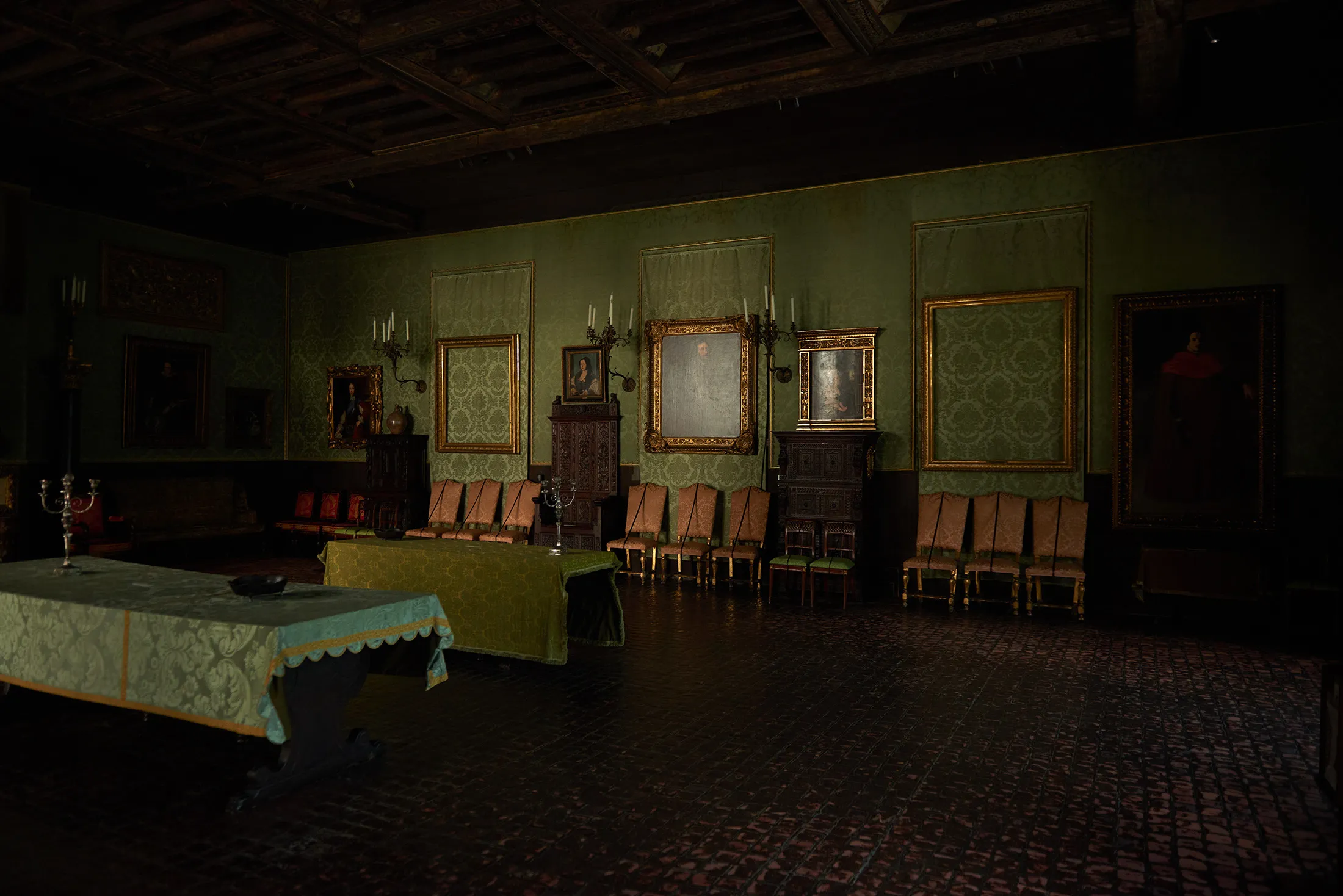 Empty frames representing stolen artworks&nbsp;in the Dutch Room at the Isabella Stewart Gardner Museum in Boston.