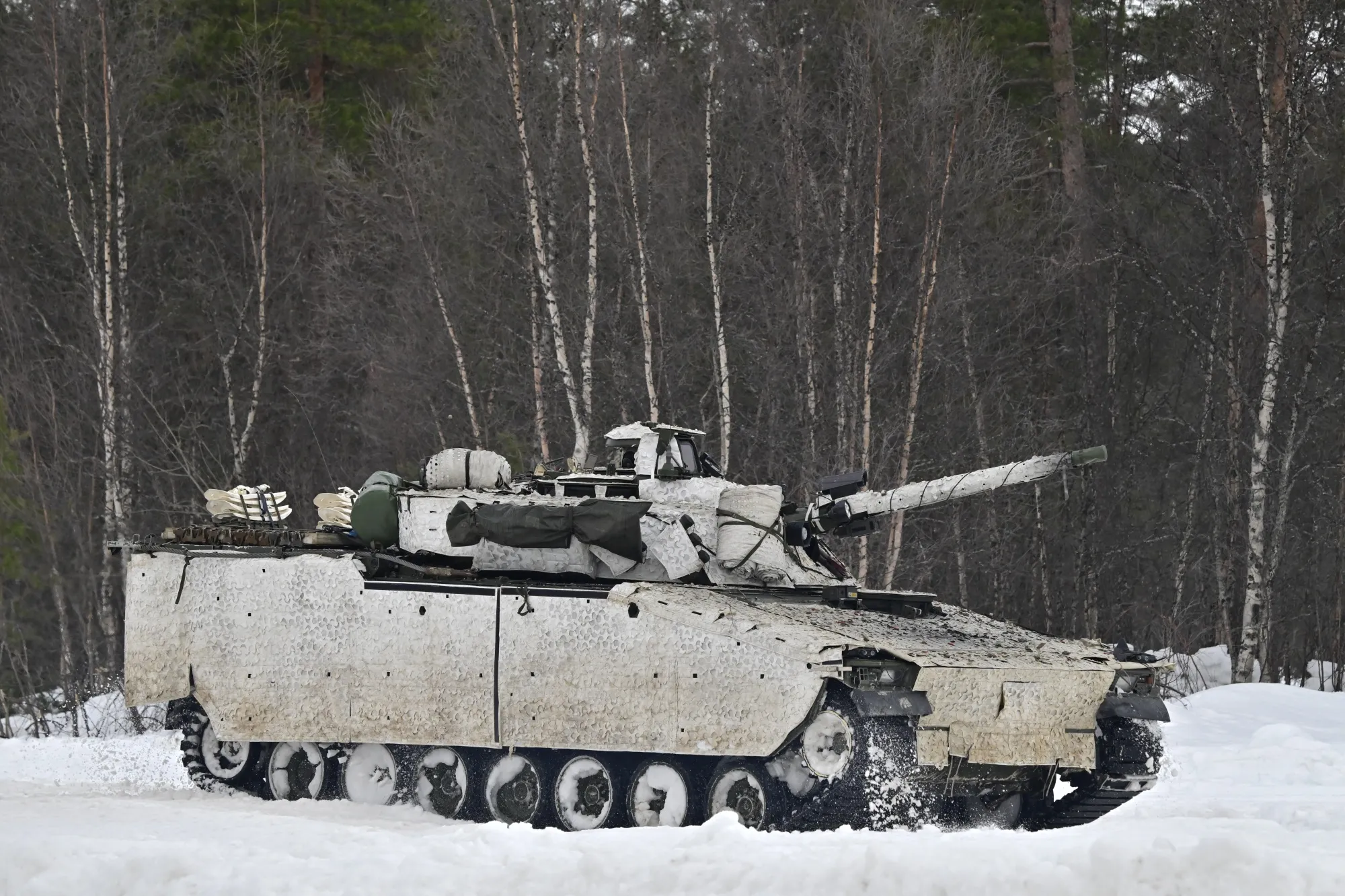 A CV90 infantry fighting vehicle&nbsp;during a military demonstration at the Bardufoss Airbase in Norway on March 13, 2026.&nbsp;