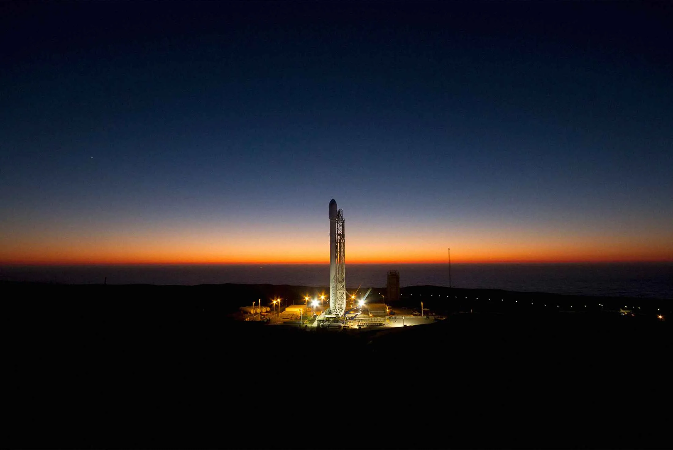 SpaceX’s Falcon 9 rocket on the launch pad at Vandenberg Air Force Base.